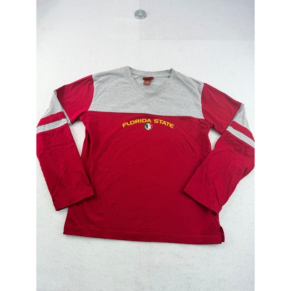 Red Oak Sports Wear Tops - Red Oak Florida State Seminoles V-Neck Colorblock Long Sleeve Shirt Red Gray S